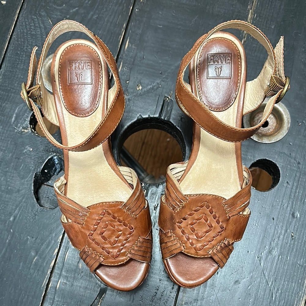 FRYE Carlie Huarache Ankle Brown Leather Wedge Sandals - Picture 9 of 14